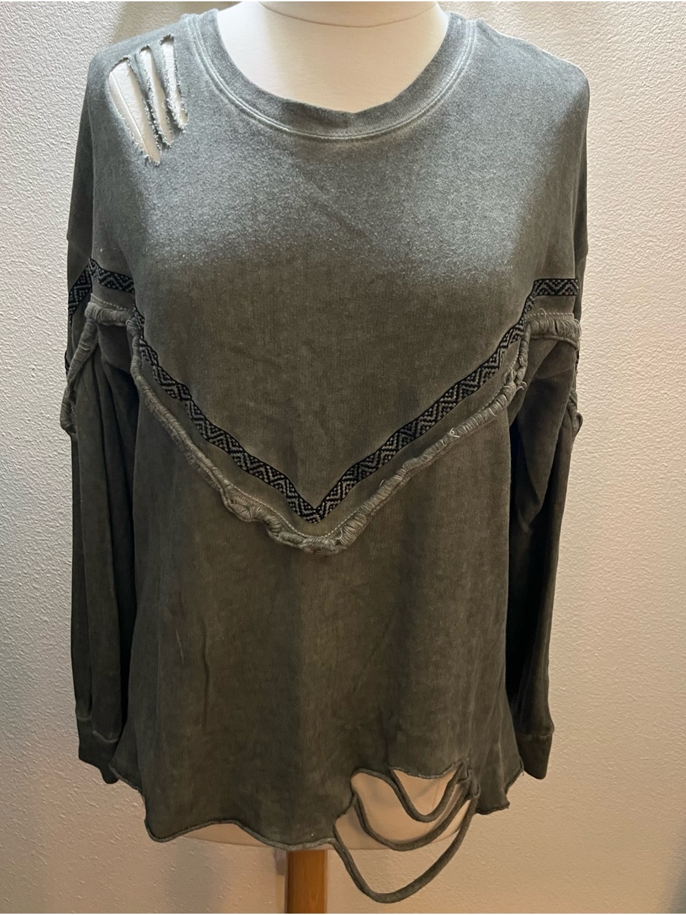 POL Washed Olive Distressed Fringe Chevron Top